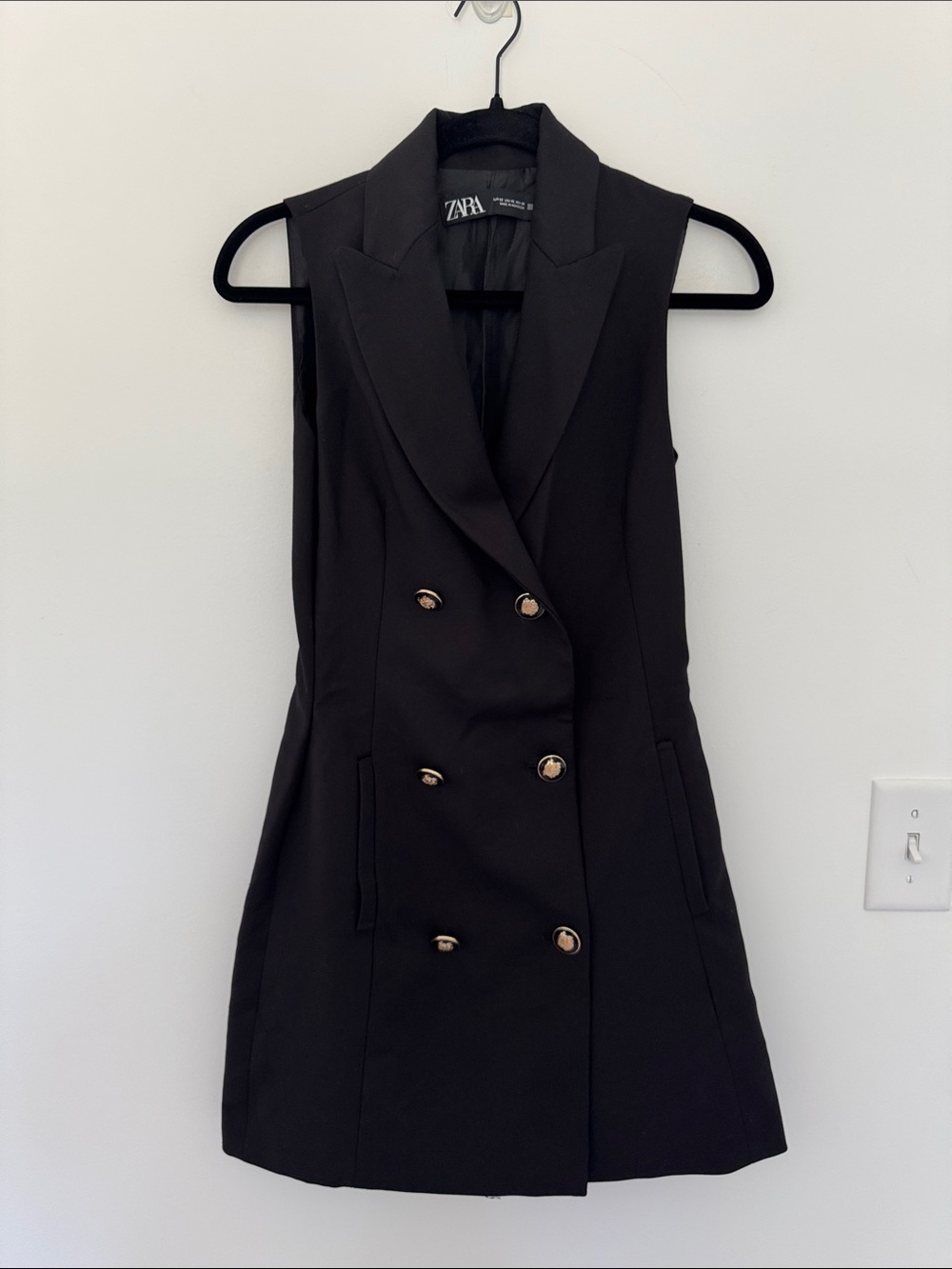 ZARA Black Sleeveless Double-Breasted Blazer Dress with Gold Buttons - Size XS